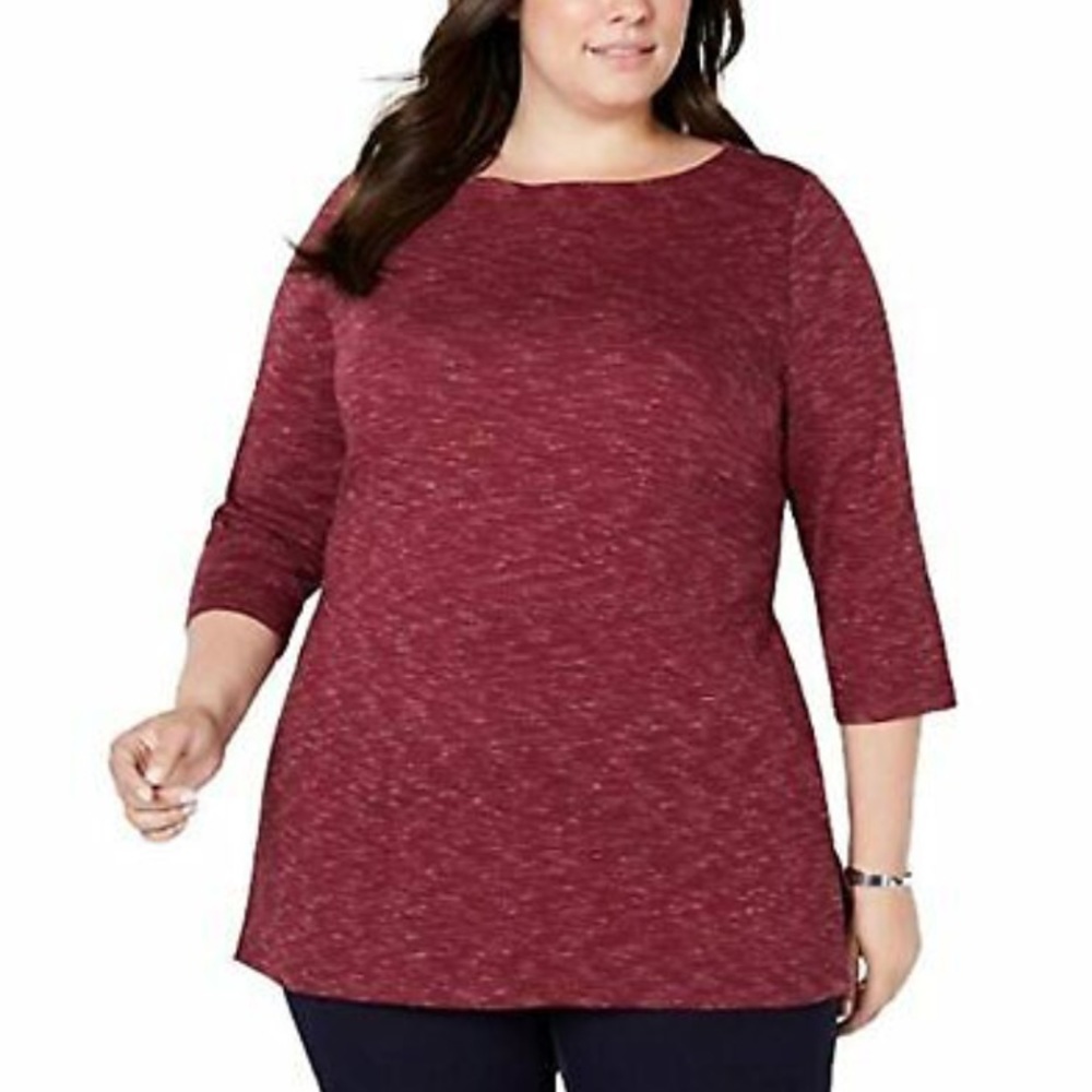 Karen Scott Plus Merlot Space Dye Boatneck Tunic Top Size 2X